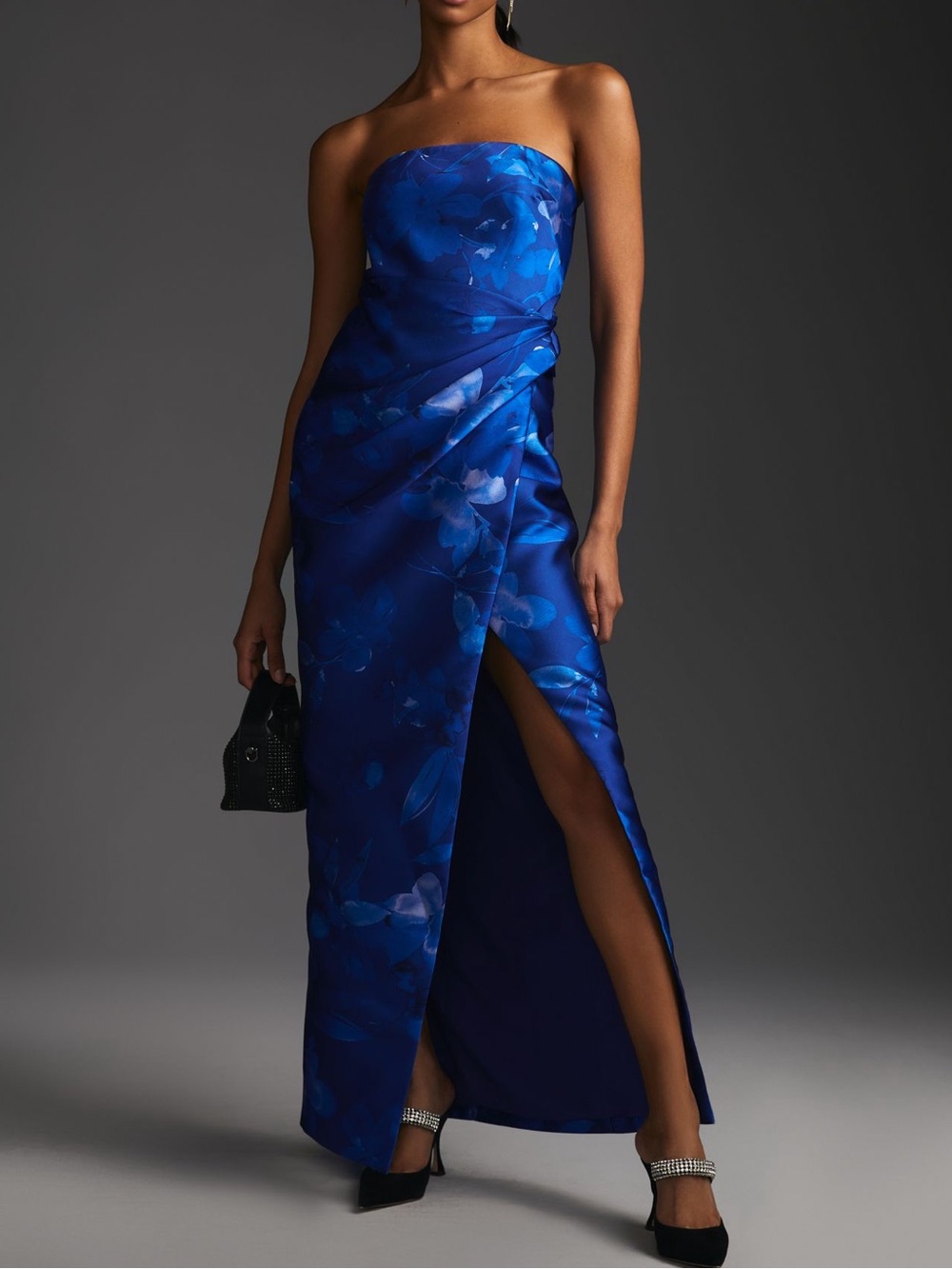 ML Monique Lhuillier Strapless Floral Satin Maxi Gown Blue Slit Dress Size 4